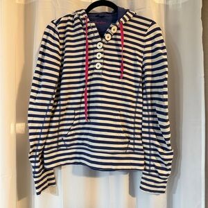 Boden Navy and White Striped Long Sleeve Hoodie with Pink Drawstrings